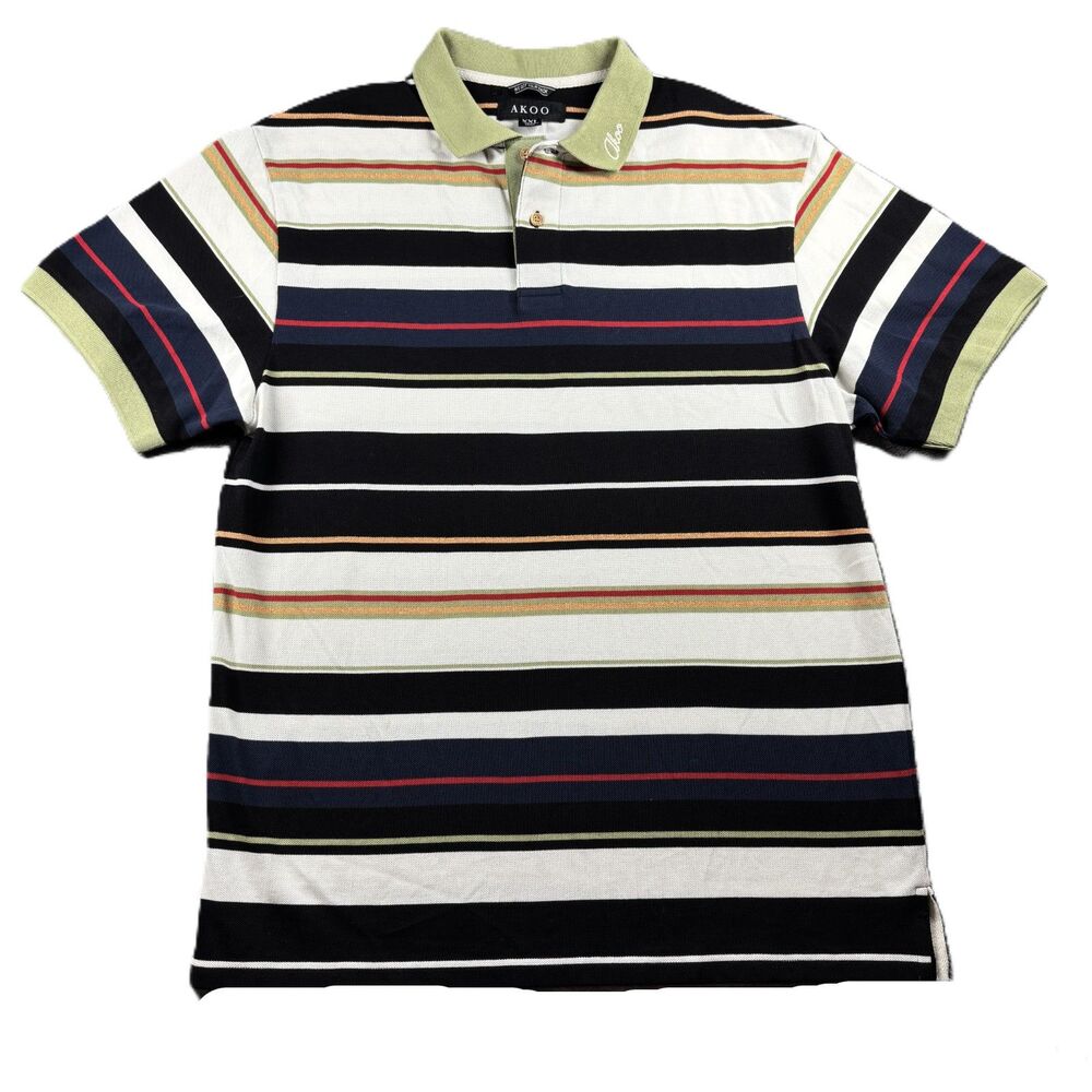 AKOO Men Polo Shirt Stripes Preppy Streetwear Embroidered Black Blue XXL Q126